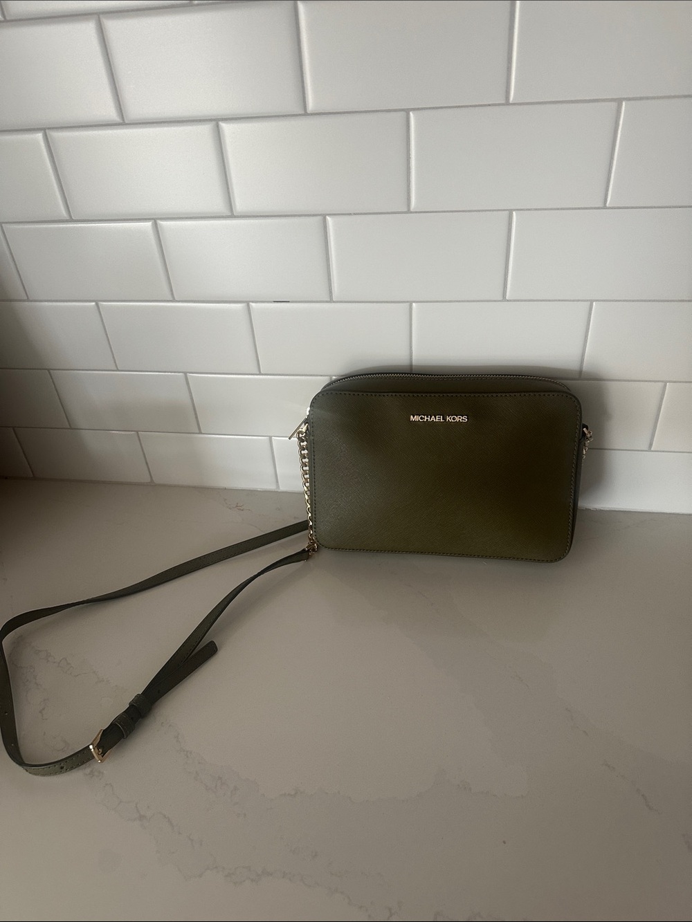Michael Kors Jet Set Olive Green Crossbody bag partial chain strap gold accents